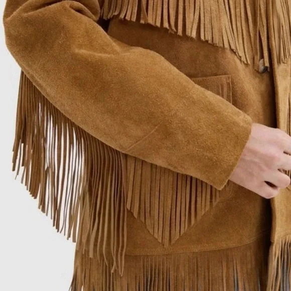 Suede Fringe Jacket - Tan Women’s Coat - Picture 3 of 4